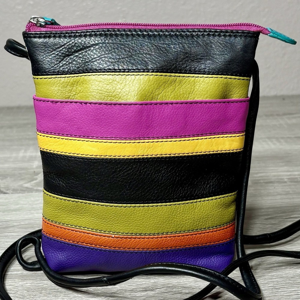 ili New York Multi-Colored Leather Striped Crossbody Mini Sac w/Pink Liner. EUC
